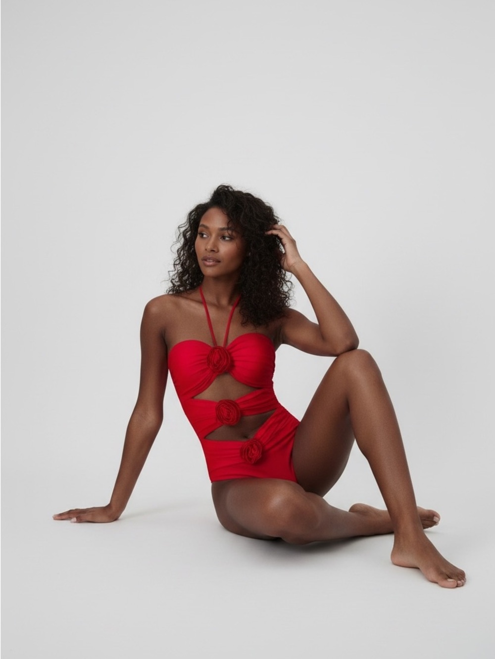 Red Floral Cutout One-Piece Swimsuit - Picture 2 of 4